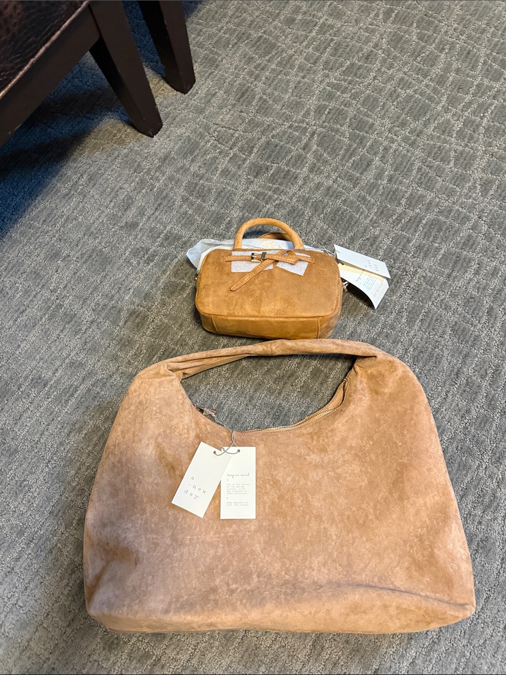 Two a new day vegan suede bags. Shoulder Bag with Matching Mini Top-Handle.